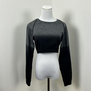 Gymshark‎ Crop Top Womens XL Black Gray Ombre Long Sleeve Stretch Performance